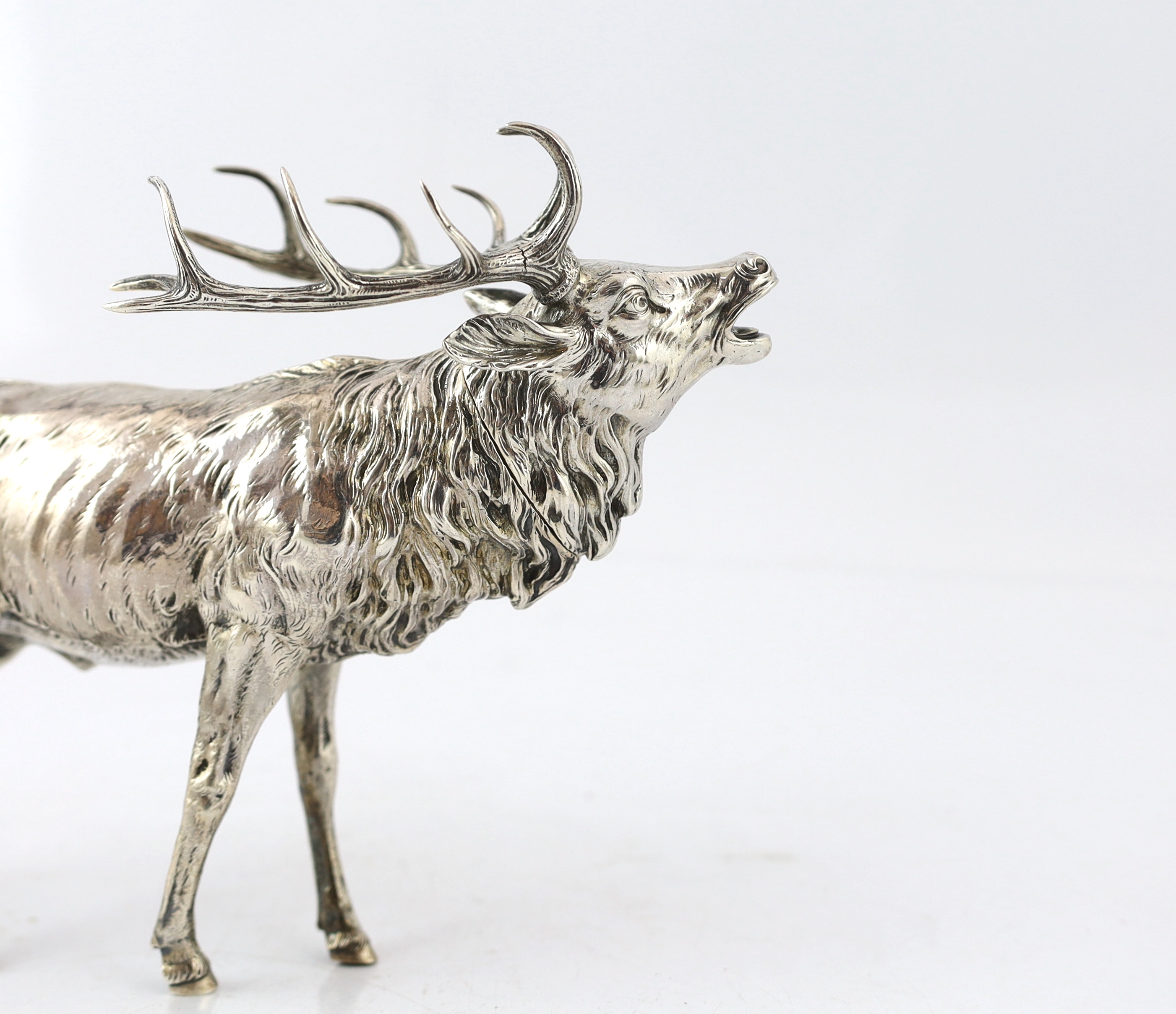 An Edwardian Hanau silver free-standing model of a baying stag